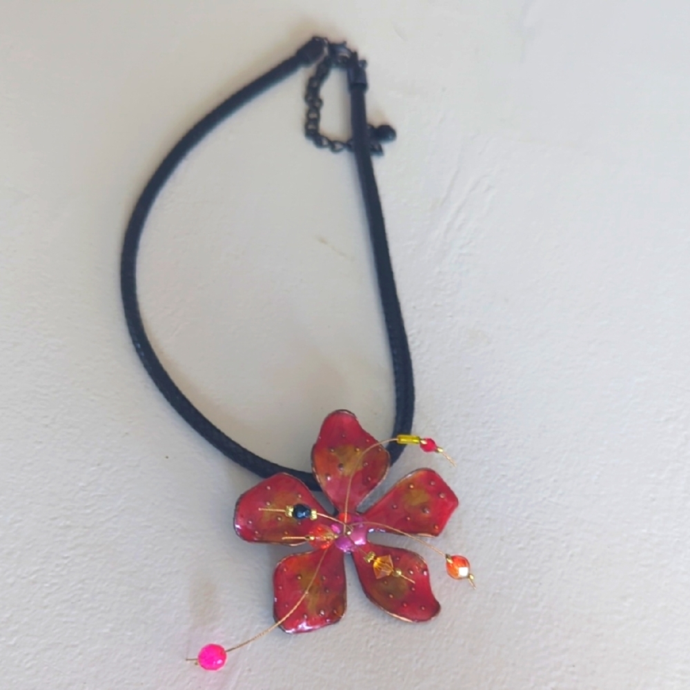 Handcrafted Floral Necklace with Red Petals